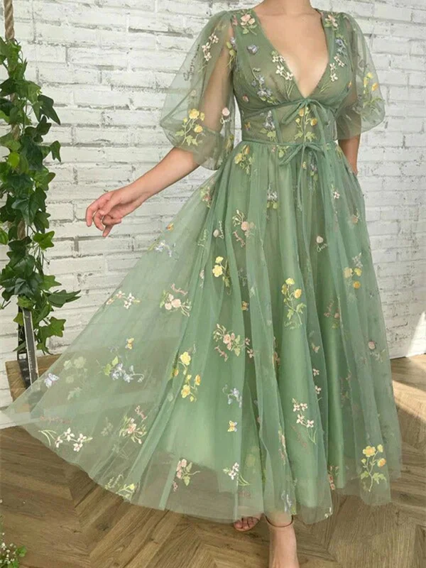 Elegant V Neck Green Tea Length Half Sleeves Prom Dresses with 3D Flowers , Green Half Sleeves Formal Evening Dresses Tunics Ceremony elegant