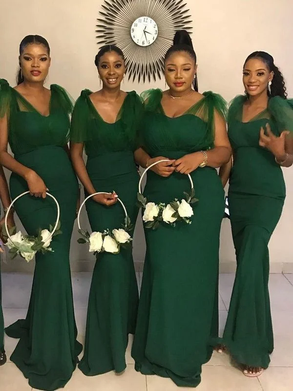 Floor-Length Green Tulle Bridesmaid Dresses Mermaid Wedding Party Dresses Tunics Timeless classic