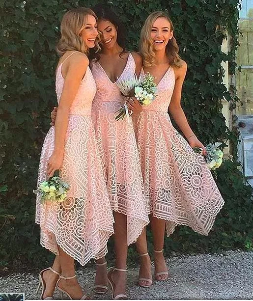 pink lace bridesmaid dresses 2020 tea length cheap custom country style wedding party dresses Tunics Occasion special