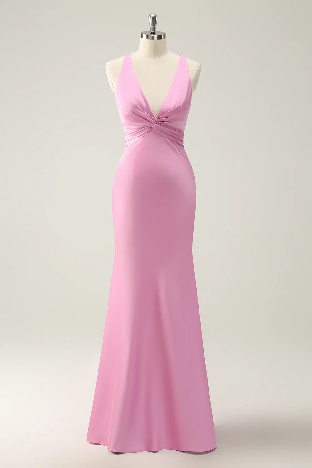 Pink Mermaid V Neck Satin Long Bridesmaid Dress Evening Dress Tunics Winter warm