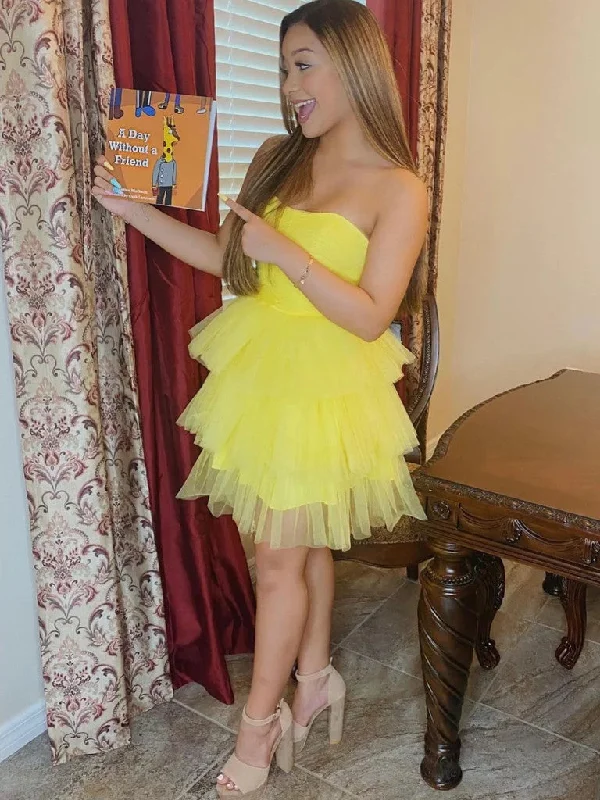Princess Strapless Layered Yellow Tulle Short Prom Dresses, Yellow Homecoming Dresses, Princess Formal Evening Dresses Tunics Designer luxury