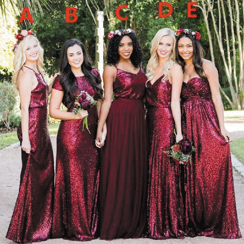 sparkly wedding party dresses long mismatched Burgundy cheap bridesmaid dresses vestidos de novia Tunics Brand named