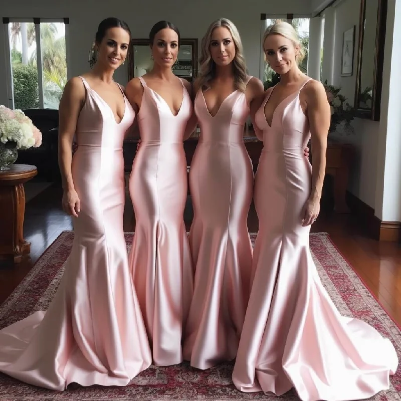 V Neck Long Pink Mermaid Bridesmaid Dresses Wedding Party Dresses Tunics Handmade artisanal