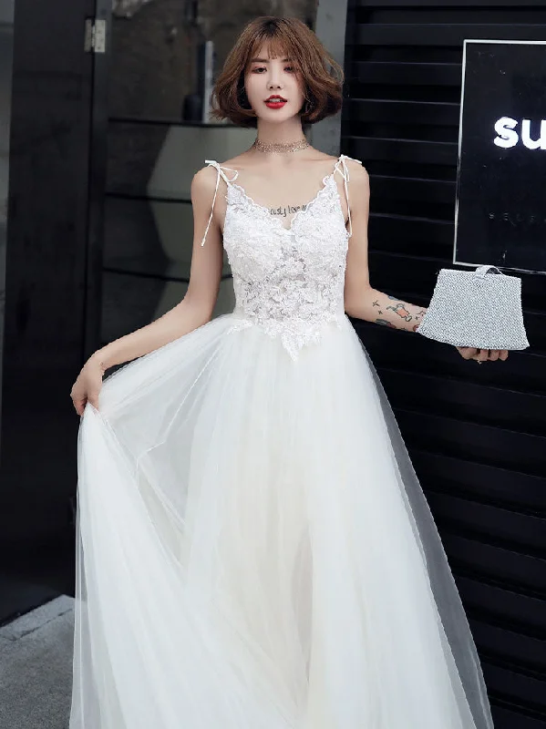 White V Neck Tulle Lace Long Prom Dress, White Evening Dress Halter Neckline Beach