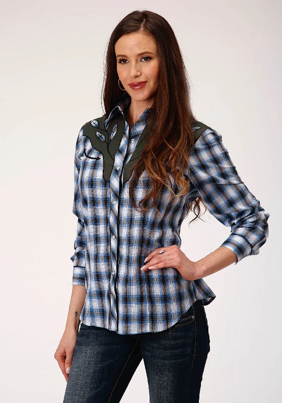 WOMENS LONG SLEEVE SNAP NAVY BLUE GREY AND WHITE PLAID WESTERN SHIRT Anti-Pilling Machine Wash Handmade