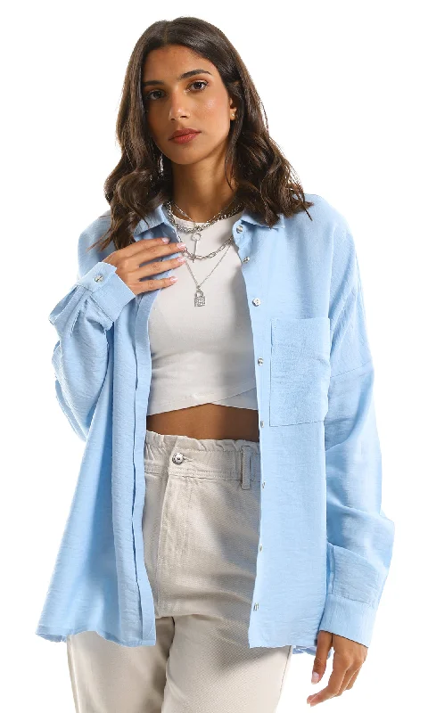 98248 Comfy Solid High-Low Buttoned Light Blue Shirt Chenille Blend Fleece Blend Nylon Blend