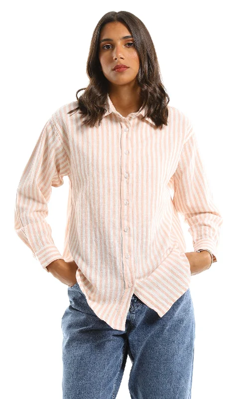 98801 Long Sleeves Striped Linen Shirt - White & Coral Notch Collar Peter Pan Collar Cowl Neck