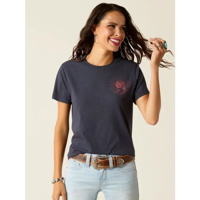 Ariat Wms Genuine SS Tee Admirality Blue Heather Front Pockets Side Pockets Patch Pockets