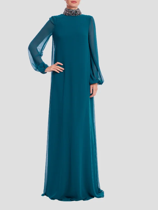 Bead Longsleeve Open Back Dress in Teal
