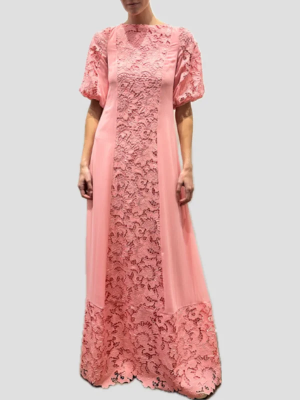 Lace Inset A Line Dress in Pink