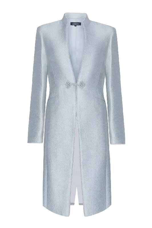 Pale Blue Dress Coat in Silk Brocade with Cord Trim and Frogging - Vicky