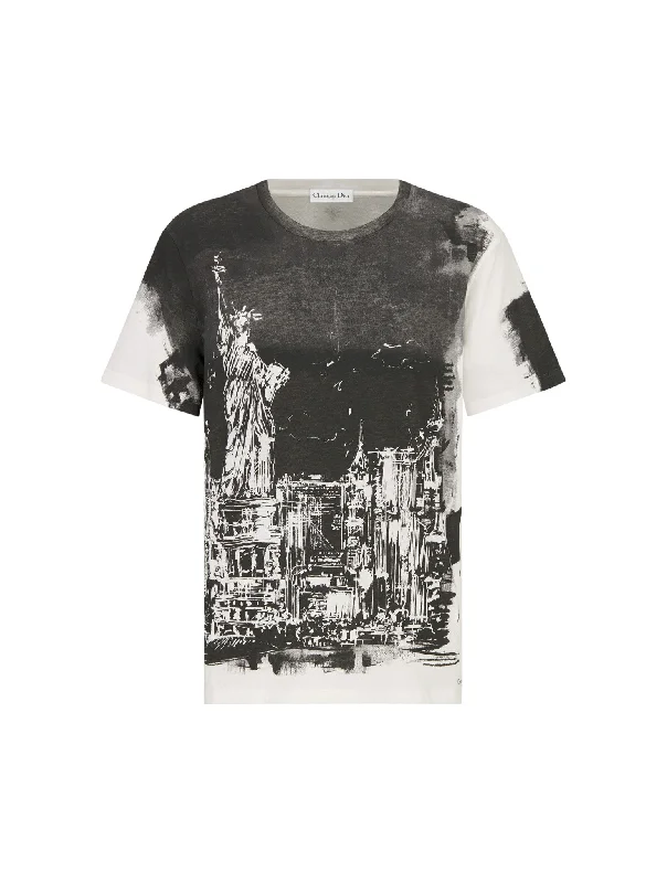 T-shirt in black and white cotton and linen jersey with New York motif Solid Print Embellished