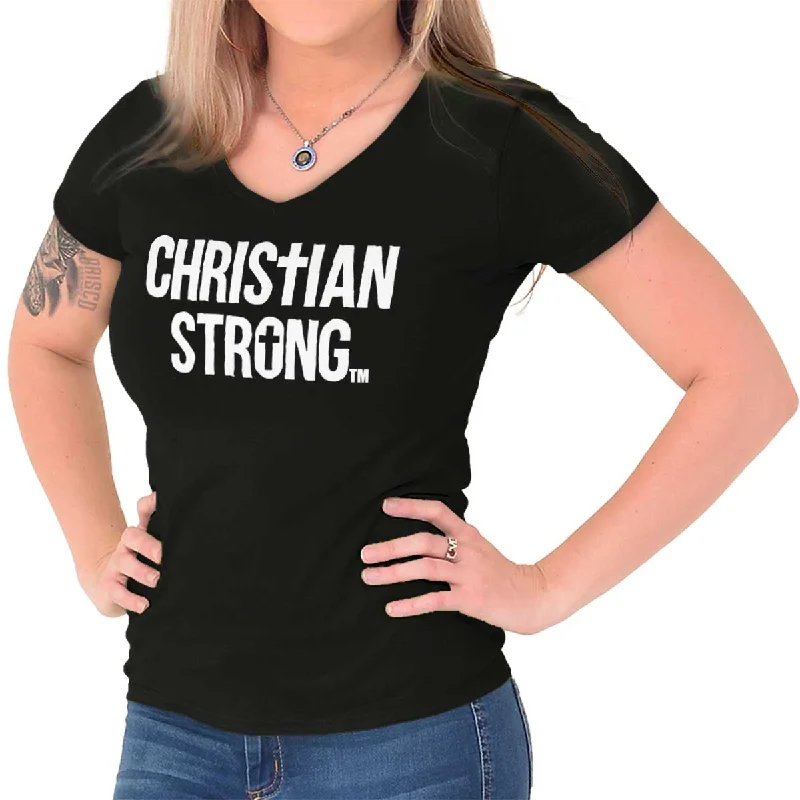 Christian Strong Logo Junior Fit V-Neck T-Shirt Chenille Blend Fleece Blend Nylon Blend