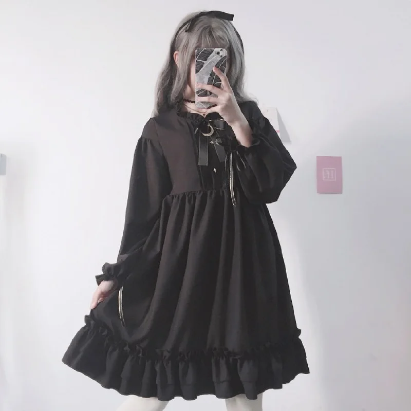 Bow-Knot Black Flounced Dress J20008