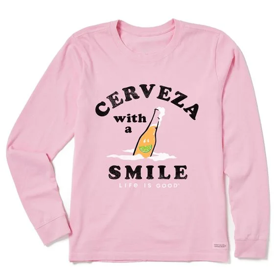 Women Crusher Lite Cerveza With Smile Long Sleeve Tee Shirt Seamless Knitted Crochet