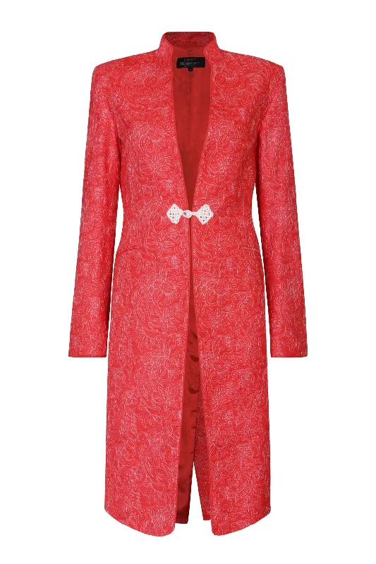 Dress Coat in Embroidered Scarlet Red Raw Silk Tussar - Vicky