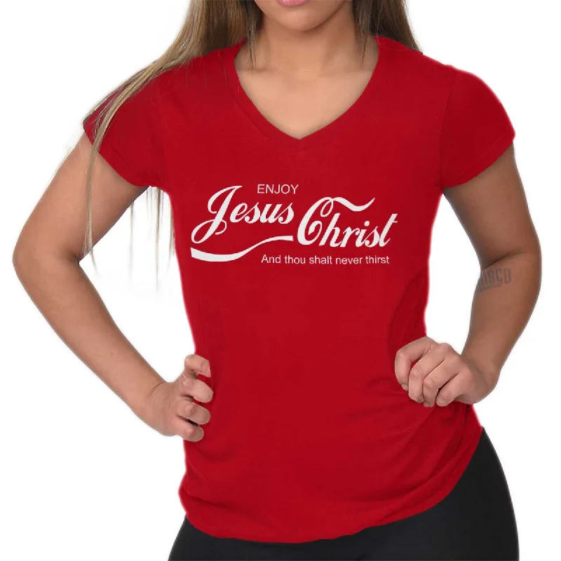 Enjoy Jesus Christ Junior Fit V-Neck T-Shirt Chenille Blend Fleece Blend Nylon Blend