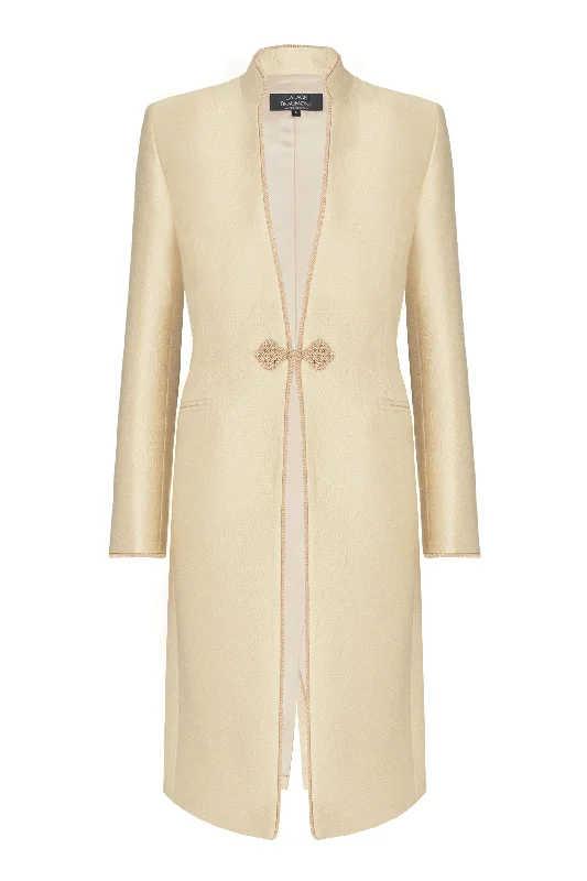 Gold Dress Coat in Summer Brocade with Cord Trim and Frogging - Vicky