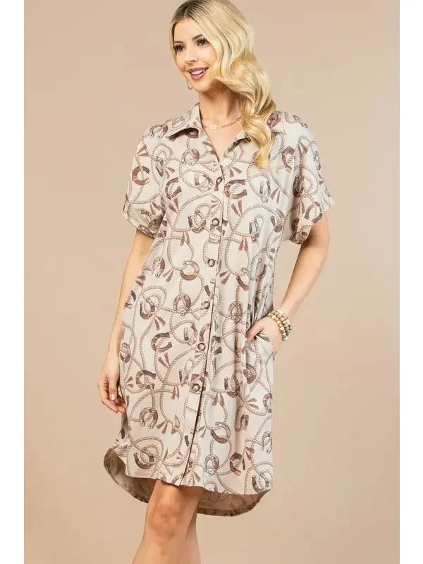 Horseshoe Print Button Dwon Knit Dress