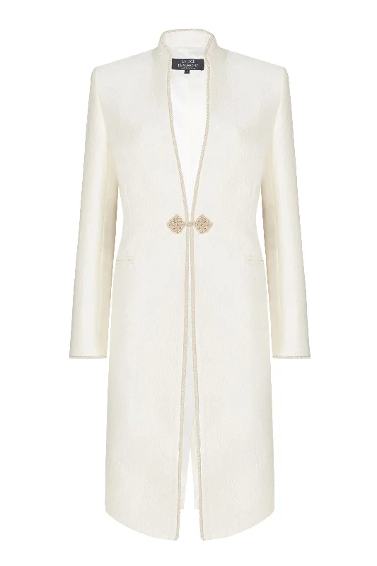 Ivory Dress Coat in Summer Brocade with Cord Trim and Frogging - Vicky