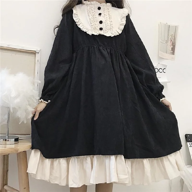 O-Neck High Waist Contrast-Color Ruffled Sweet Lolita Dress Kawaii Clothing J30089
