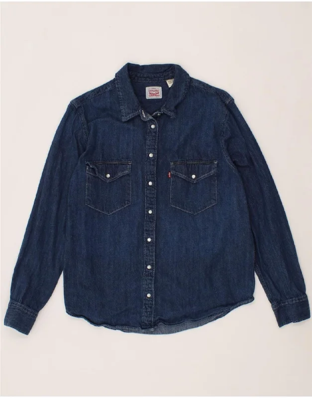 LEVI'S Womens Denim Shirt UK 16 Large Navy Blue V-Neck T-Shirt Long Sleeve Cotton