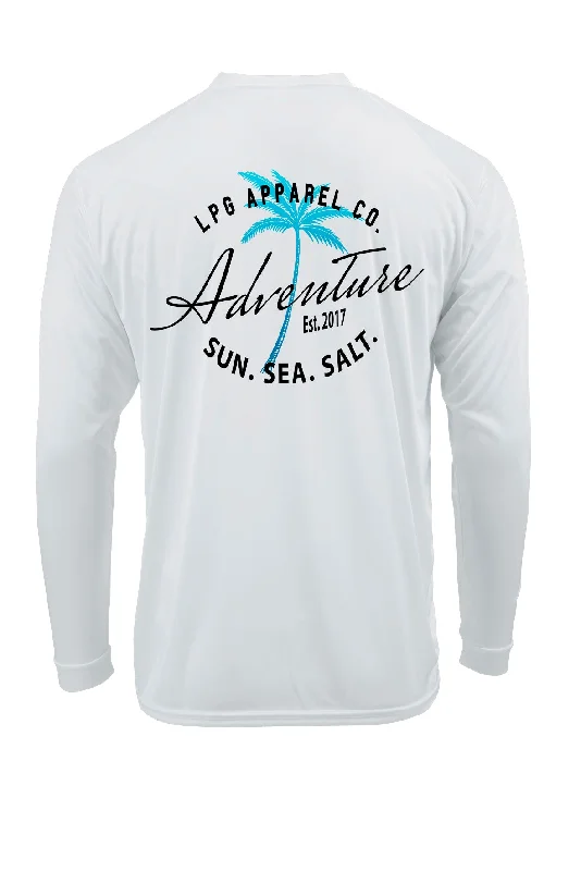 LPG Apparel Co. Adventure Palm Tree Surf LS Performance UPF 50 Unisex Shirt Hooded Caped Shawl Collar