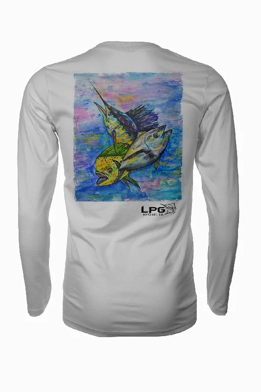 LPG Apparel Co. Mahi Tuna Marlin Mixed Bag Rash Guard LS Performance UPF 50 Unisex Shirt Modern Contemporary Chic