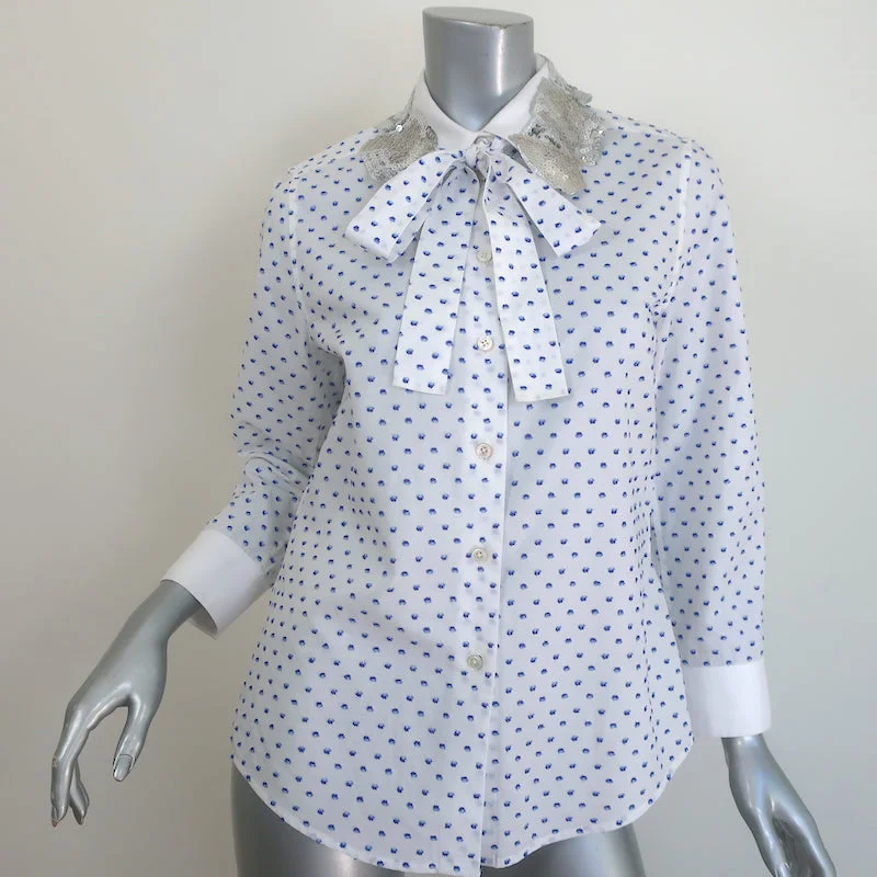 Marc Jacobs Sequined Collar Shirt White Polka Dot Size 6 Long Sleeve Top Welt Pockets Slit Pockets