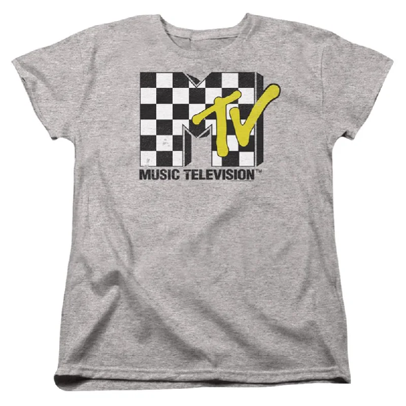 MTV Checker Board Logo Women's 18/1 Cotton Short-Sleeve T-Shirt Collared T-Shirt Boat Neck A-Line