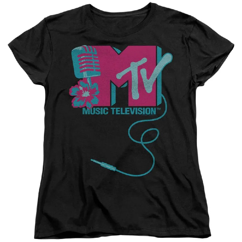 MTV Microphone Logo Women's 18/1 Cotton Short-Sleeve T-Shirt Print Jacquard Patchwork