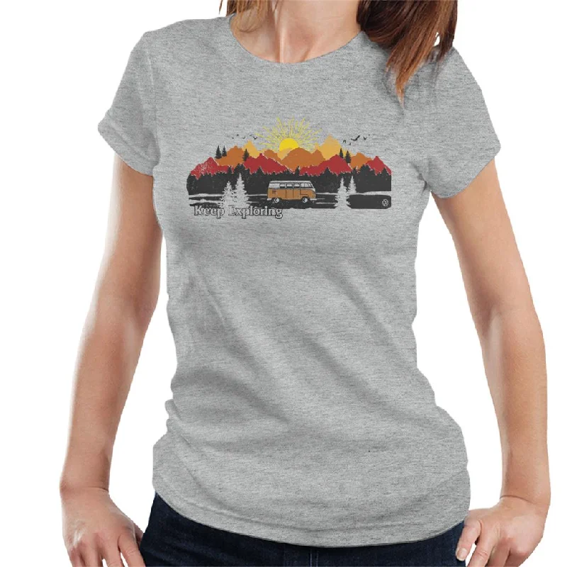 Official Volkswagen Camper Mountain Sunrise Women's T-Shirt Asymmetrical Pockets Print