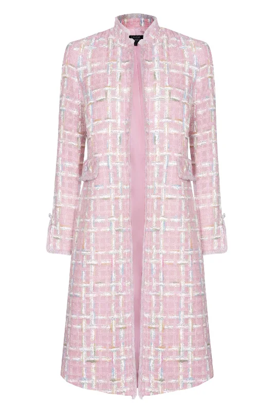 Pale Pink Tweed Dress-Coat with Pastel Checks - Claire