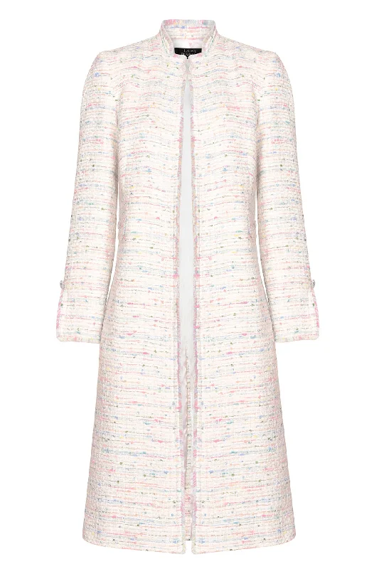 Pastel Tweed Dress Coat with Fringed Edges - Claire