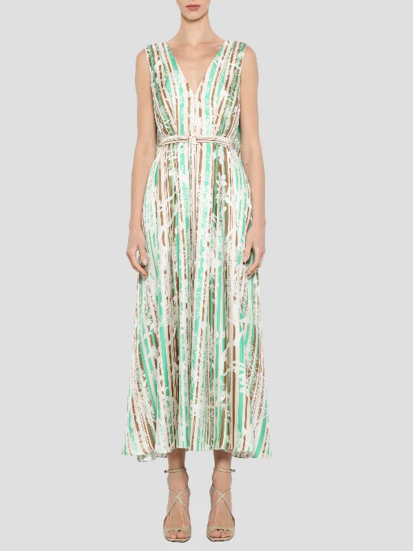 Pleat Front V-Neck Watteau Back Dress in Ecru Multi