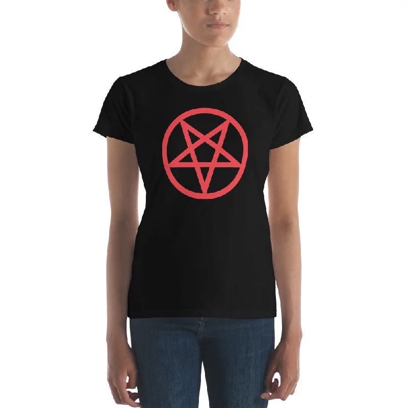 Red Classic Inverted Pentagram Occult Symbol Women's Short Sleeve Babydoll T-shirt Jersey Fabric Tulle Fabric Batik Fabric