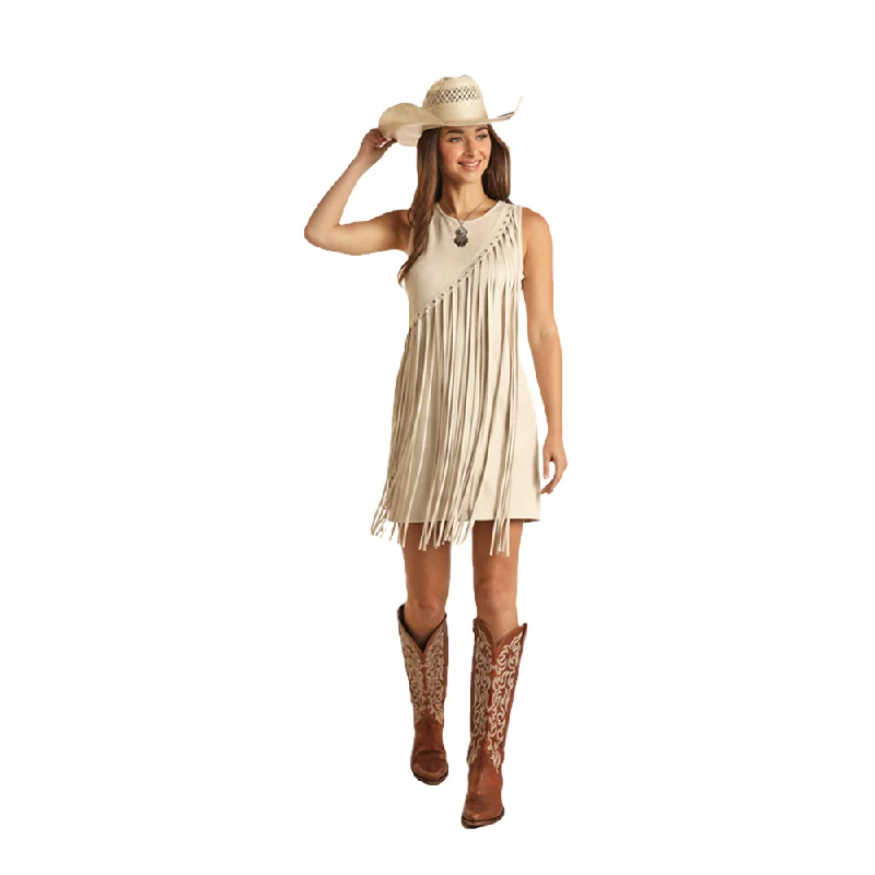 Rock & Roll Denim Ladies Asymmetrical Fringed Natural Dress BWD0R03263-12