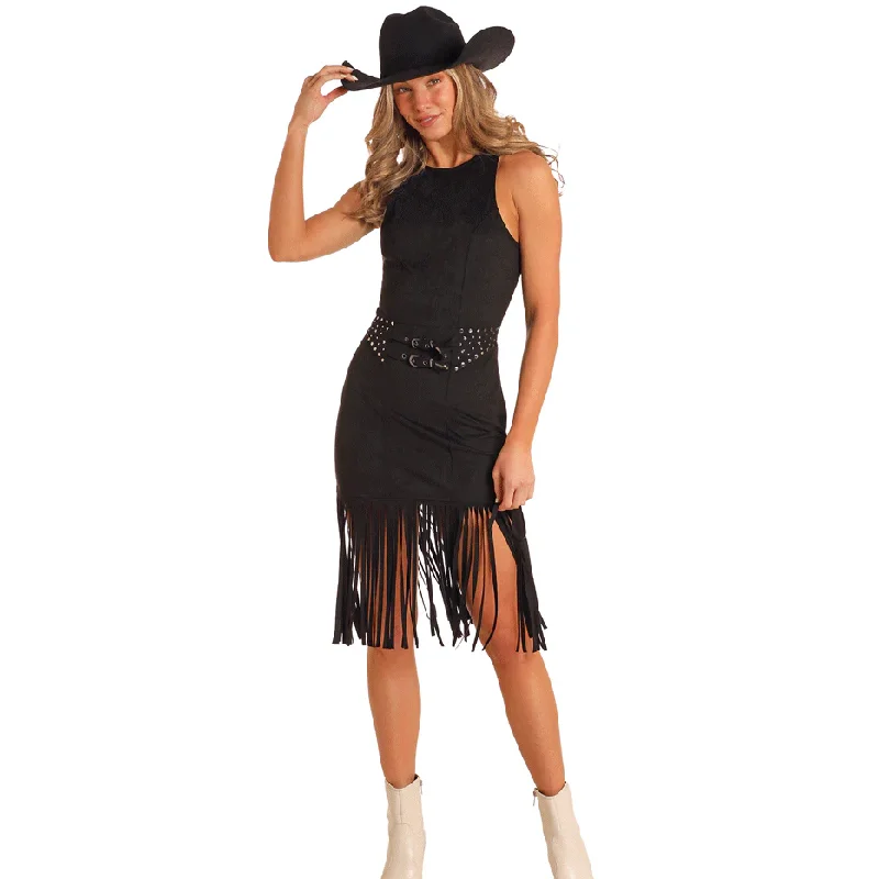 Rock & Roll Denim Ladies Micro Suede Black Fringe Dress BWD0R05279-01