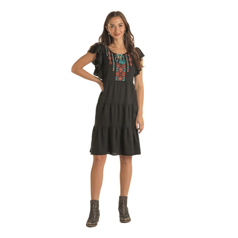 Rock & Roll Denim Ladies Tiered Ruffle Black Dress LWD1R03408