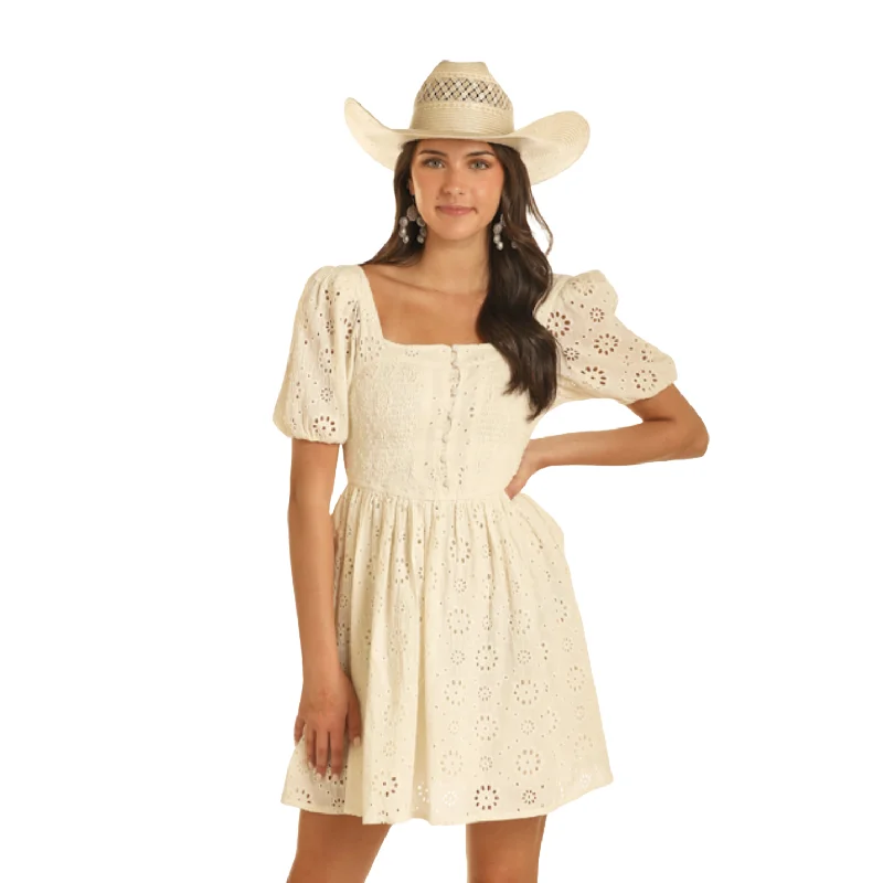 Rock & Roll Denim Ladies White Smocked Eyelet Dress BWD1R03920