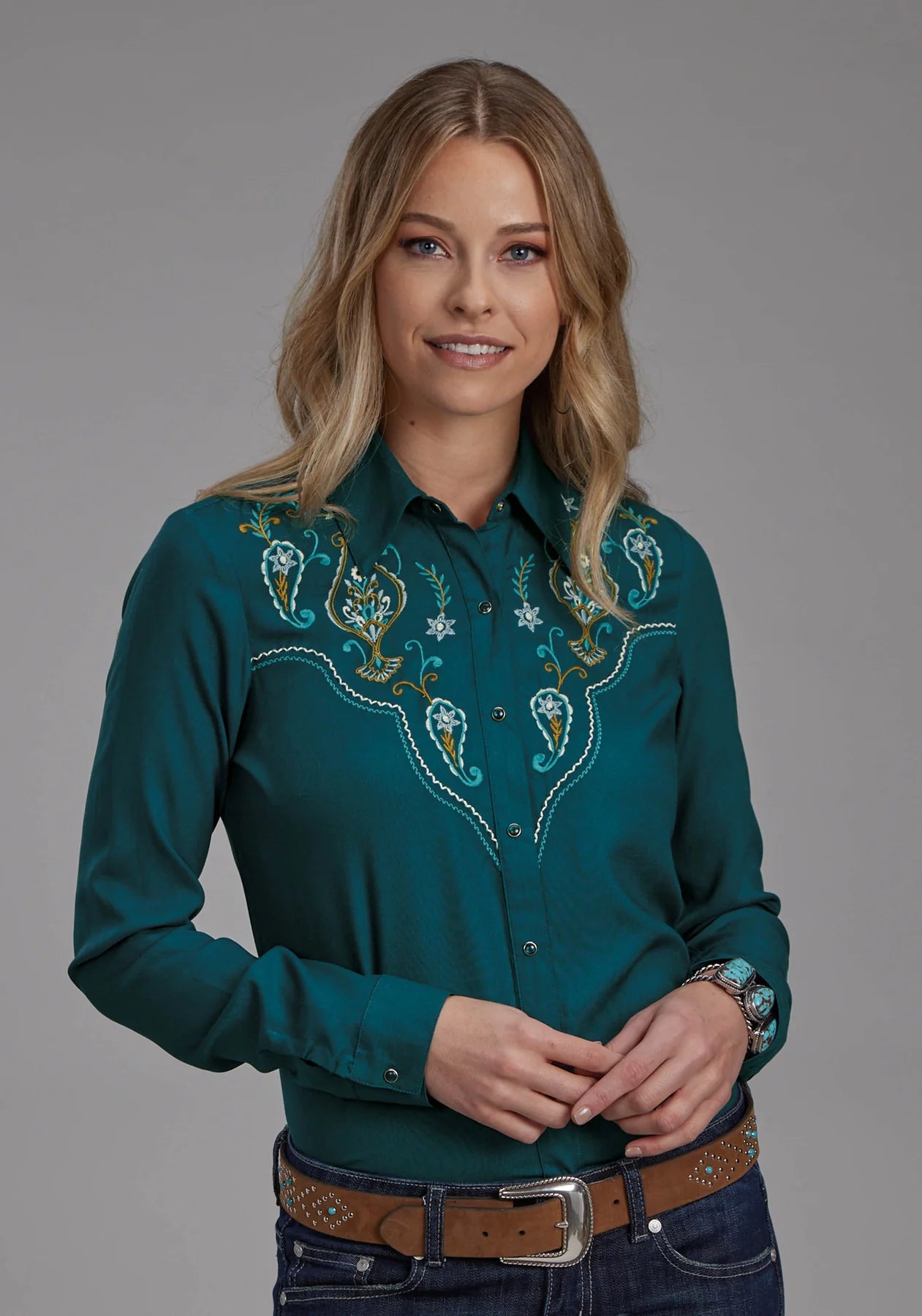 Roper Wms Studio West Collection LS Shirt Solid Green Notch Collar Peter Pan Collar Cowl Neck