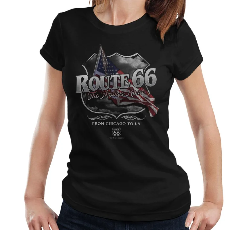 Route 66 Mother Road American Flag Women's T-Shirt Denim Fabric Leather Fabric Suede Fabric