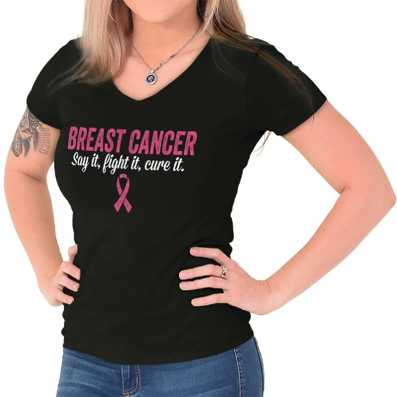 Fight Cure Breast Cancer Junior Fit V-Neck T Shirt Spandex Blend Rayon Blend Denim Blend