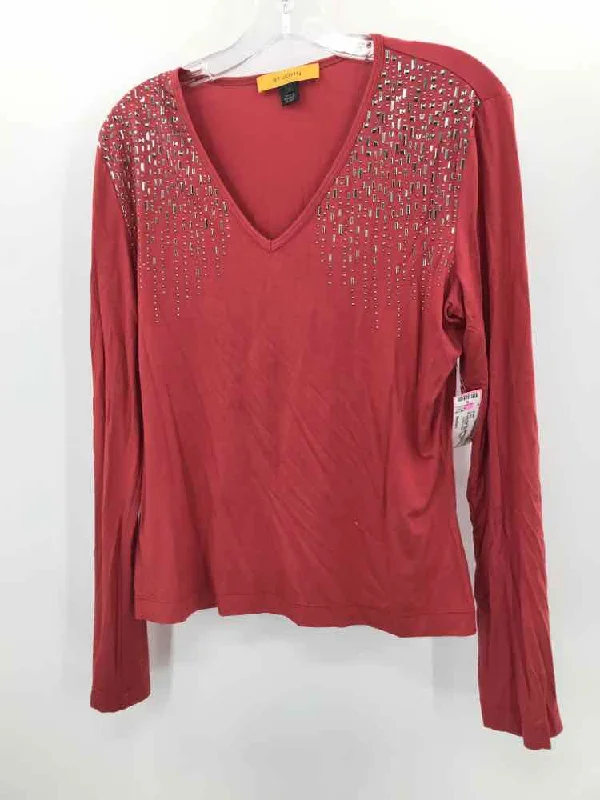 Pre-Owned St John Red Size Medium Long Sleeve T-shirt Graphic T-Shirt Round Neck Polyester