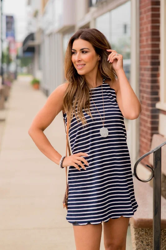 Striped Scalloped Trim Halter Tank Dress