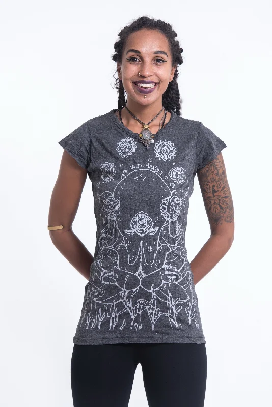 Sure Design Womens Octopus Chakras T-Shirt Silver on Black Mesh Blend Leather Blend Suede Blend