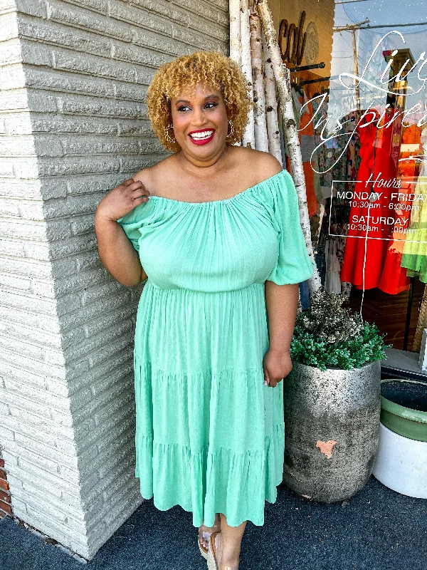 “ SWEET MINT DRESS” Puff Sleeve Tiered Dress