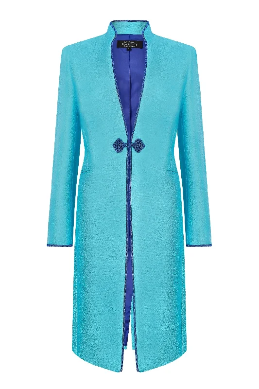 Turquoise Dress Coat in Summer Brocade with Cord Trim and Frogging  - Vicky