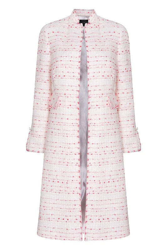 Tweed Dress Coat in Ivory with Scarlet Tufted Stripes - Claire