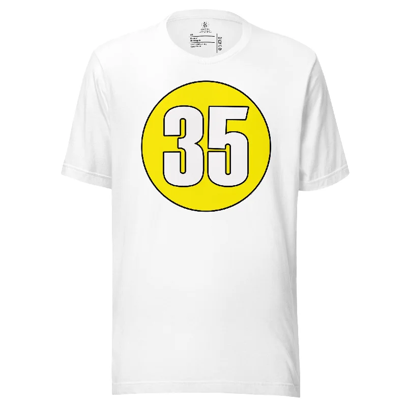 Unisex t-shirt: White on Yellow 35 Welt Pockets Slit Pockets